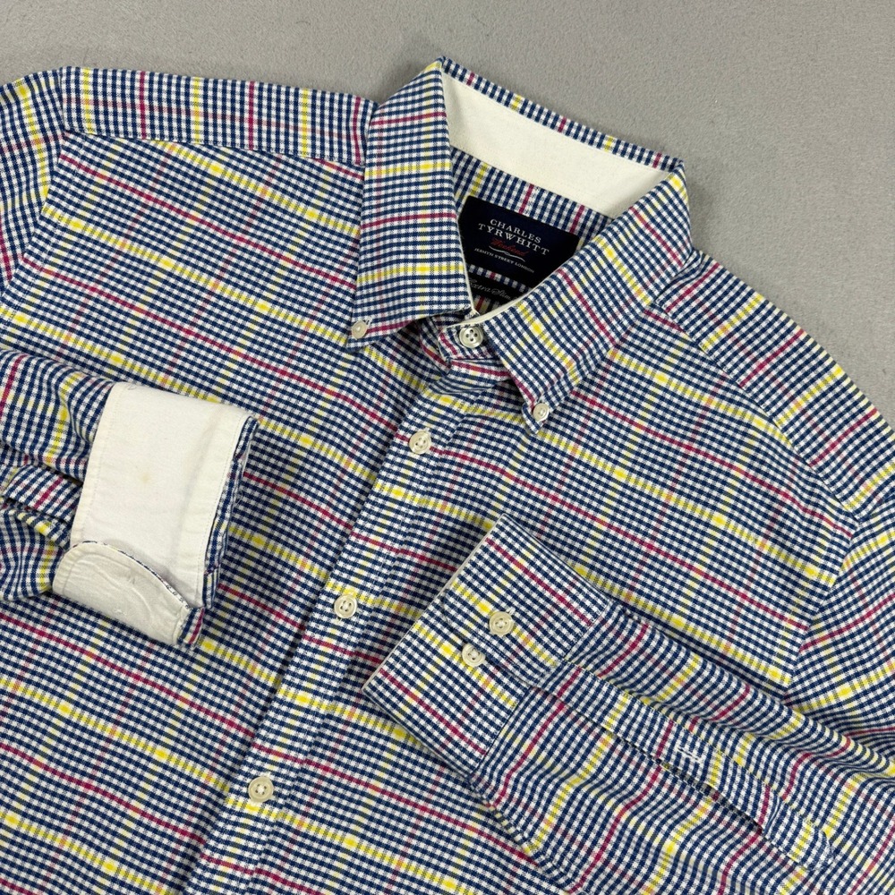 Charles Tyrwhitt Shirt Men Medium‎ Blue Button Down Plaid Extra Slim Fit Cotton